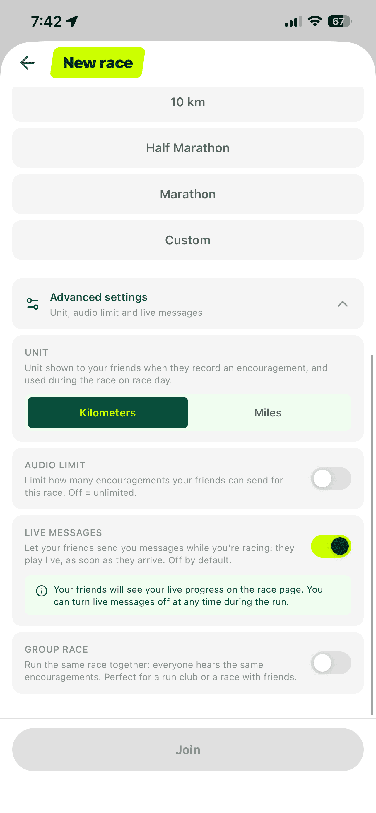 Cobbr New race screen with Advanced settings and the Live messages toggle turned on