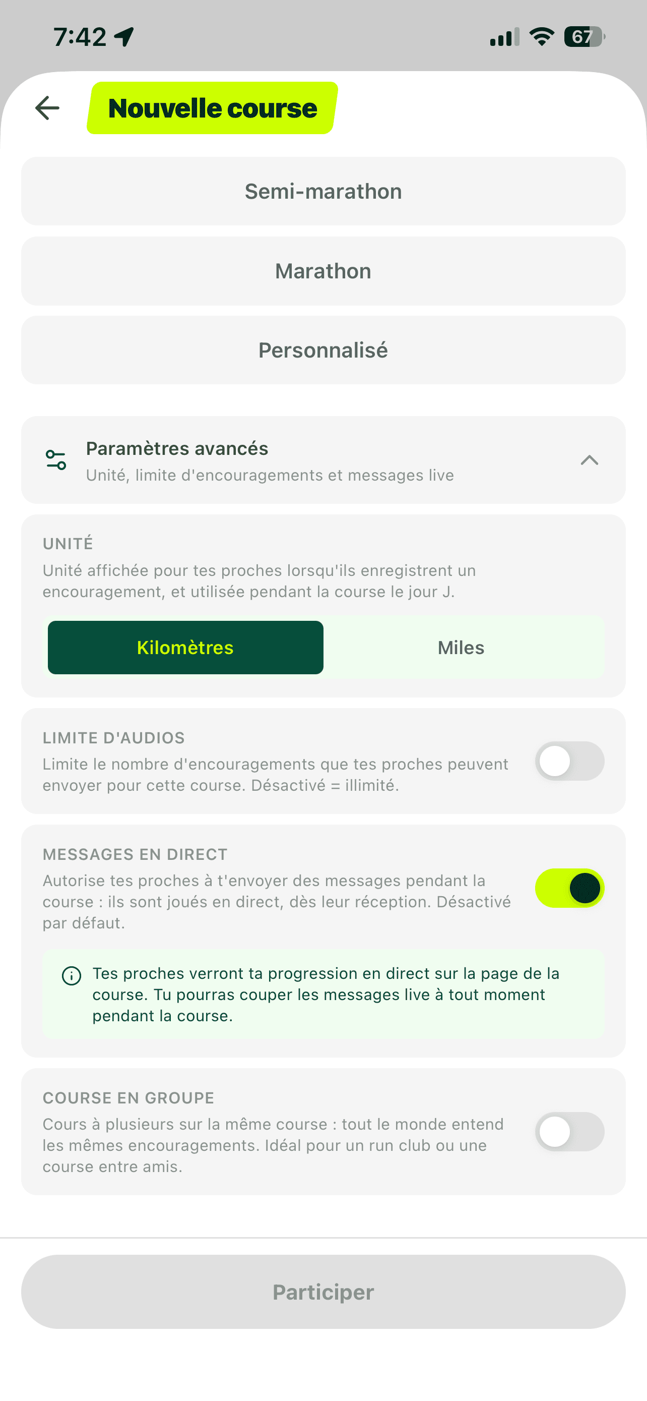 Écran Cobbr Nouvelle course avec Paramètres avancés et le toggle Messages en direct activé