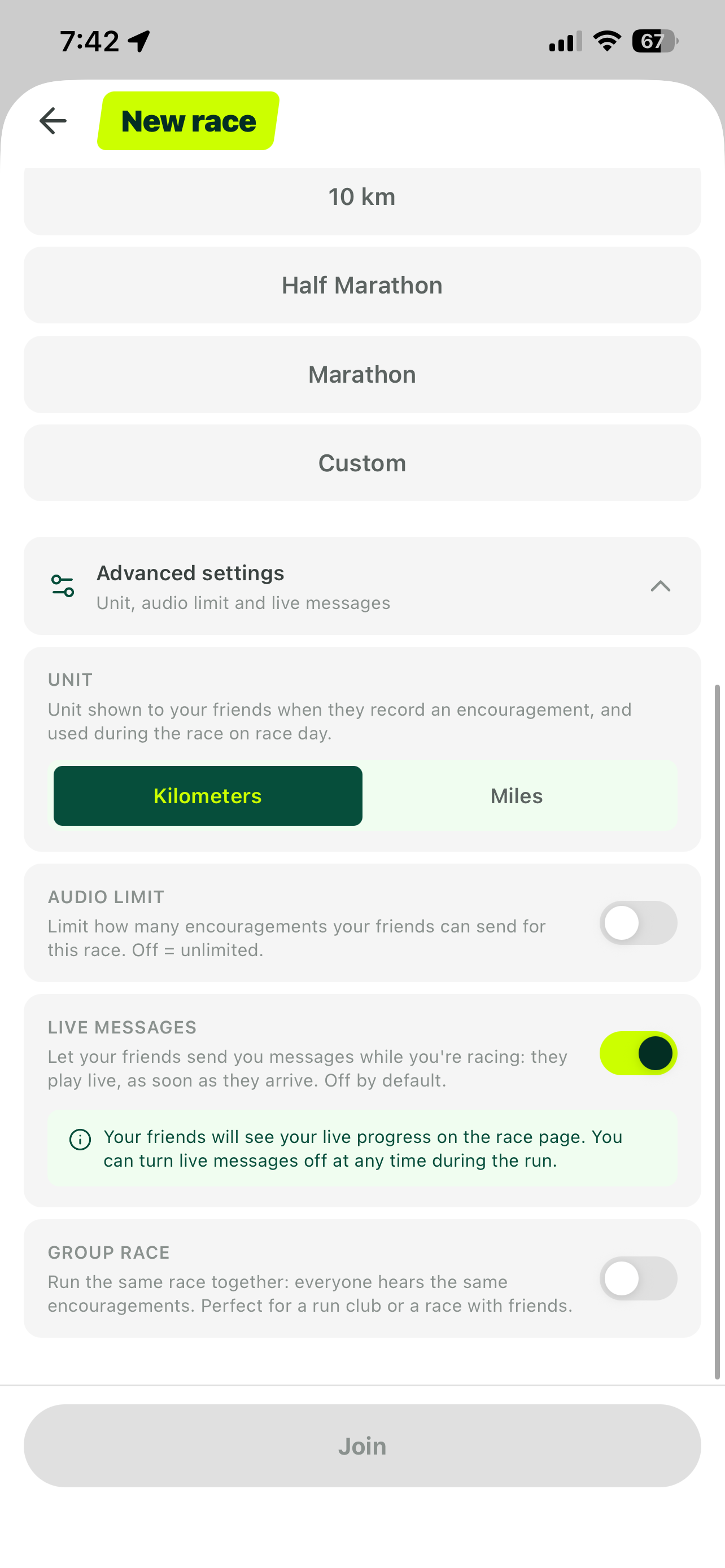 Cobbr New race screen with Advanced settings and the Live messages toggle turned on