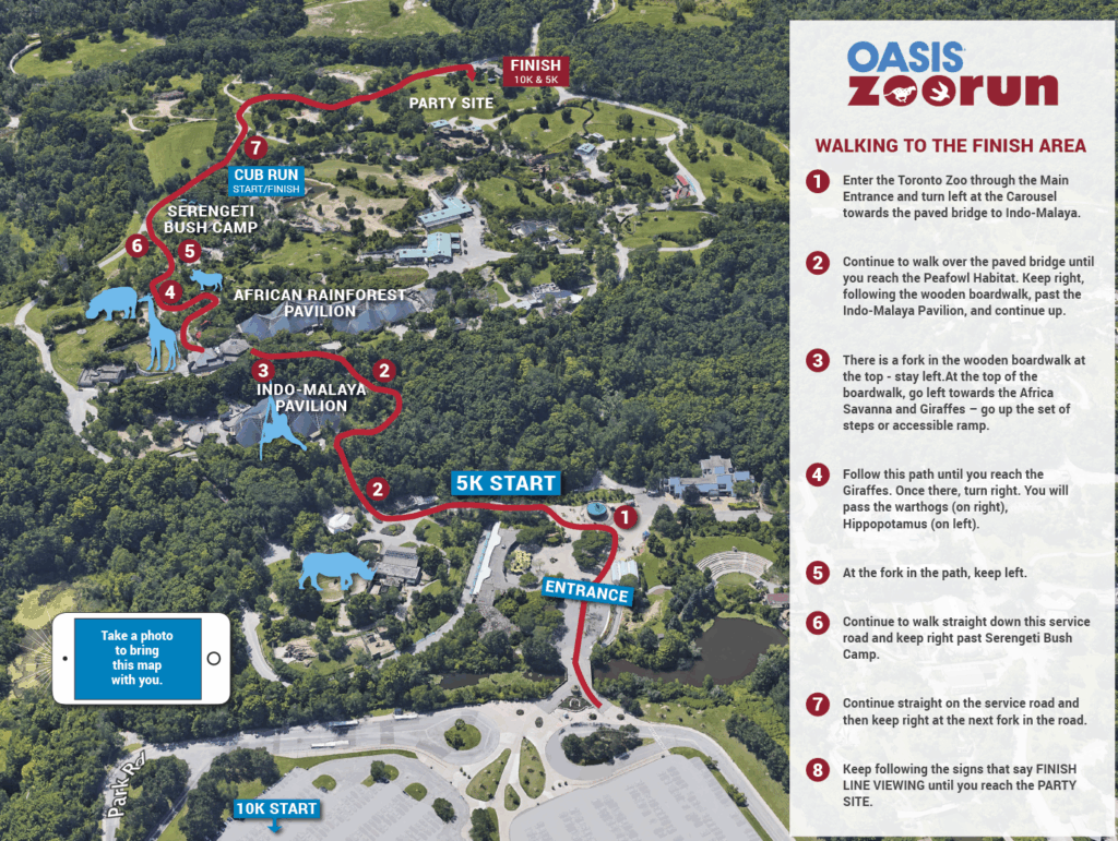 Vue aérienne du parcours de l'Oasis ZooRun au Zoo de Toronto avec le tracé des courses de 5K et 10K traversant les différents pavillons animaliers.
